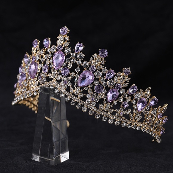 Purple Tiara, Gold Crown Headband, Crystal Rhinestone Hair Jewelry, Bridal crown - Picture 2 of 3